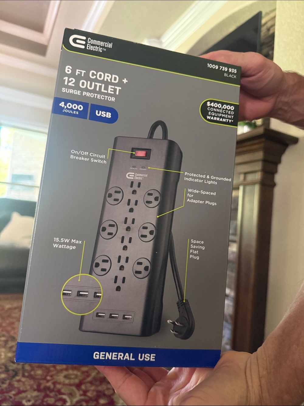 Black 12-Outlet Surge Protector with USB — 6 ft Cord